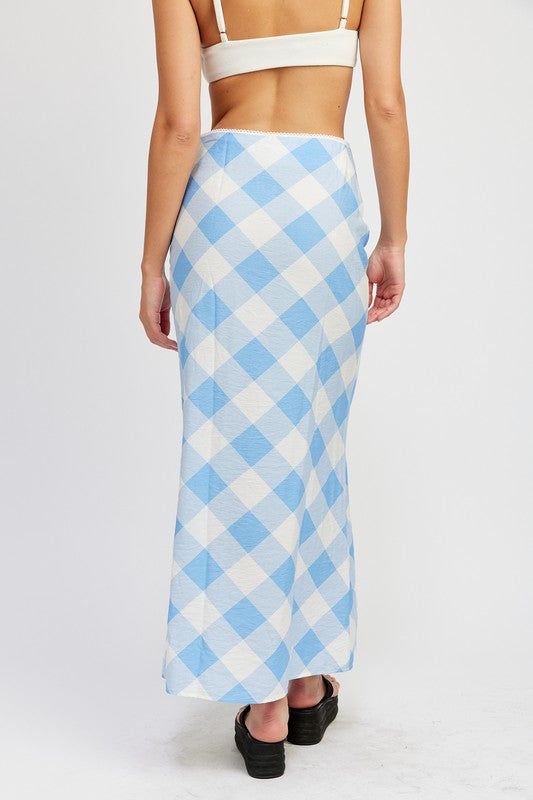 EMORY PARK BIAS CUT MAXI SKIRT IN BLUE & WHITE CHECKER