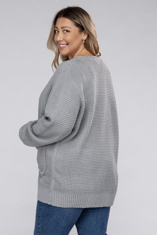 Zenana Plus Waffle-Knit Open Front Tunic Cardigan Sweater with Pockets in 5 Colors