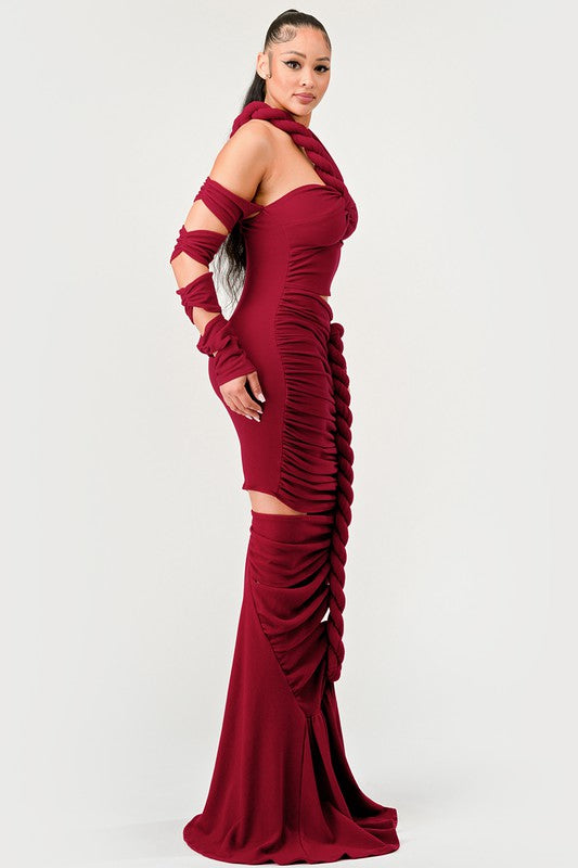 ATHINA Cutout Long Sleeve Wrap Rope Maxi Dress in 2 Colors