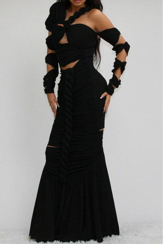 ATHINA Cutout Long Sleeve Wrap Rope Maxi Dress in 2 Colors