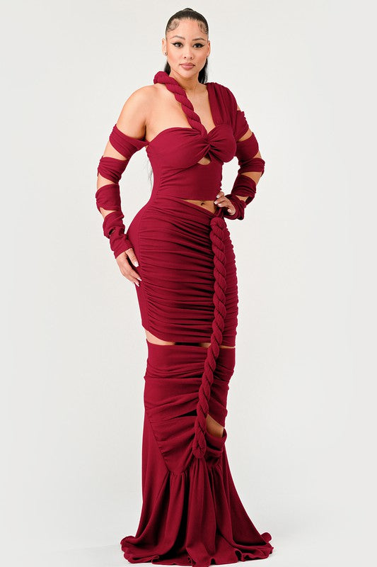 ATHINA Cutout Long Sleeve Wrap Rope Maxi Dress in 2 Colors