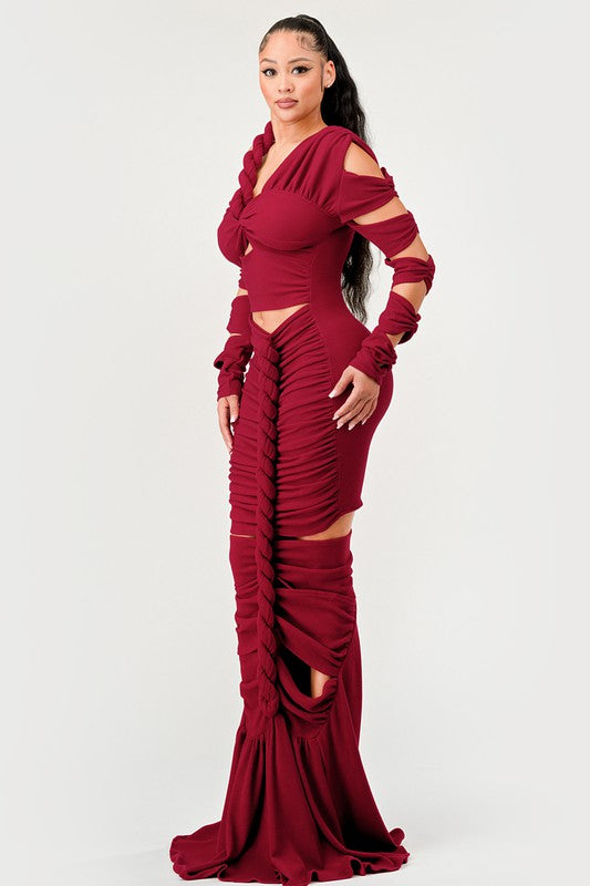 ATHINA Cutout Long Sleeve Wrap Rope Maxi Dress in 2 Colors