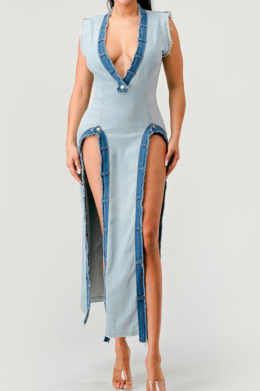 ATHINA Denim Trip Pullover Sleeveless Slit Dress