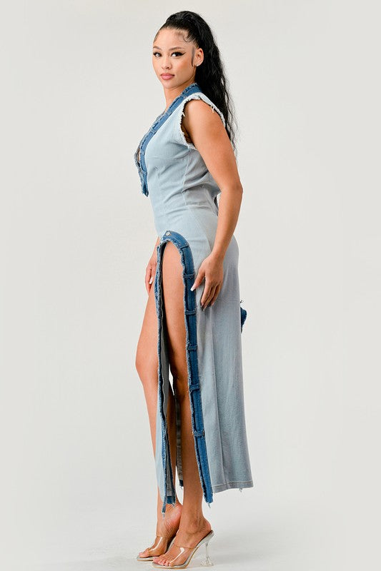 ATHINA Denim Trip Pullover Sleeveless Slit Dress