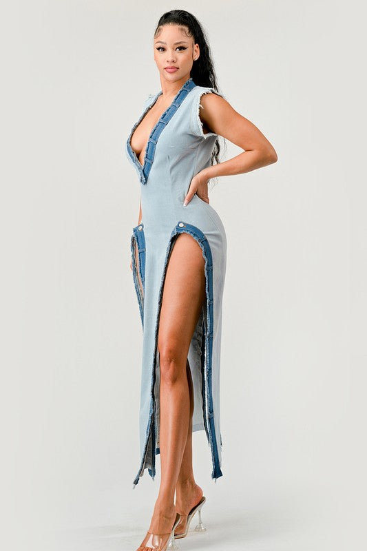 ATHINA Denim Trip Pullover Sleeveless Slit Dress