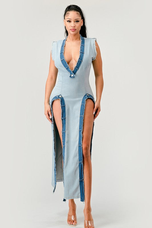 ATHINA Denim Trip Pullover Sleeveless Slit Dress