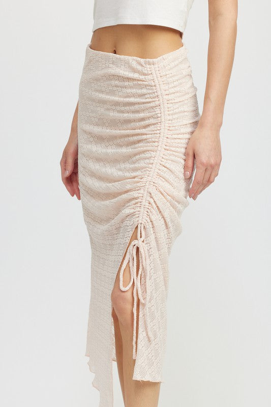 EMORY PARK RUCHED LACE MIDI SKIRT WITH HIGH SLIT IN 2 COLORS