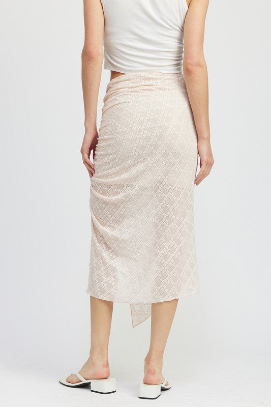 EMORY PARK RUCHED LACE MIDI SKIRT WITH HIGH SLIT IN 2 COLORS