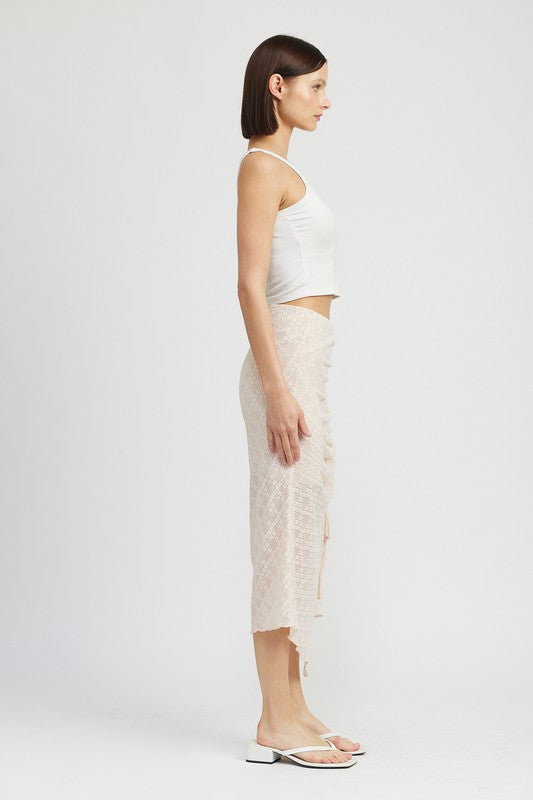 EMORY PARK RUCHED LACE MIDI SKIRT WITH HIGH SLIT IN 2 COLORS