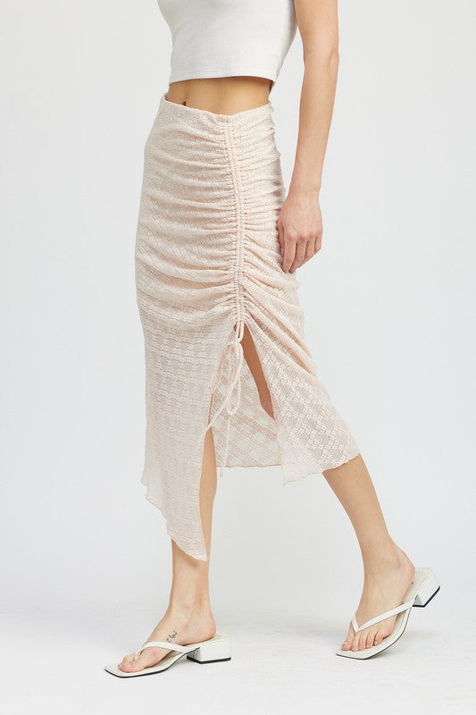 EMORY PARK RUCHED LACE MIDI SKIRT WITH HIGH SLIT IN 2 COLORS