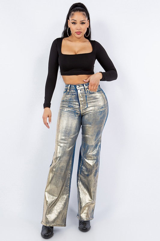 GJG Denim Wide Leg Jeans with Front Gold Foil Detail