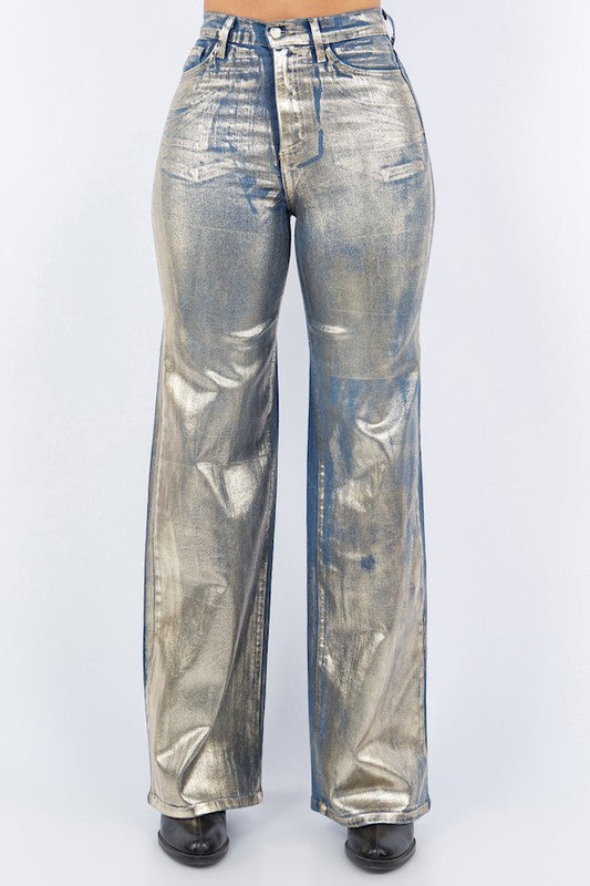 GJG Denim Wide Leg Jeans with Front Gold Foil Detail