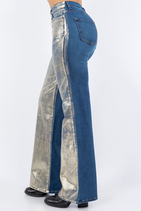 GJG Denim Wide Leg Jeans with Front Gold Foil Detail