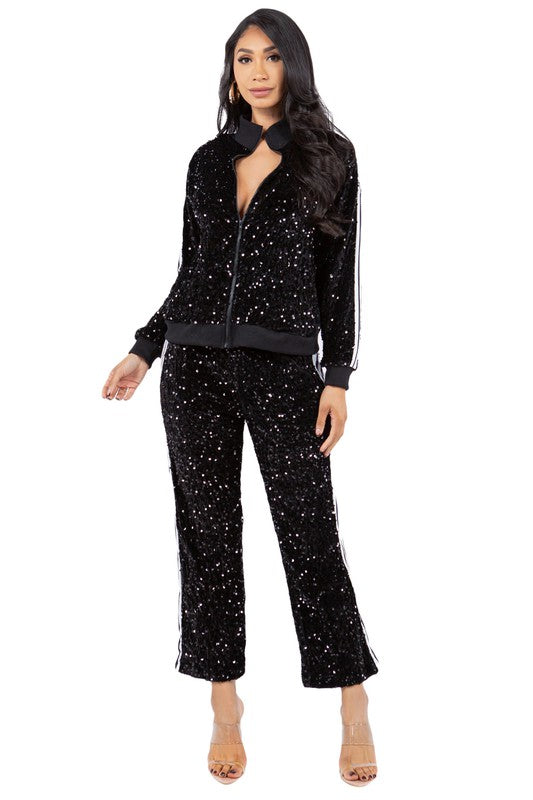 BY CLAUDE SEQUIN TWO PIECE ZIP JACKET AND PANT SET