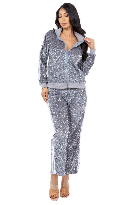 BY CLAUDE SEQUIN TWO PIECE ZIP JACKET AND PANT SET