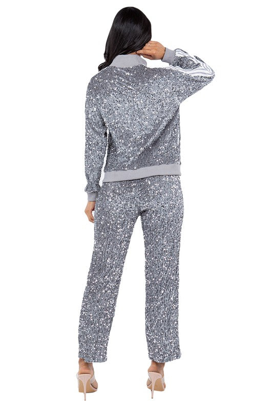 BY CLAUDE SEQUIN TWO PIECE ZIP JACKET AND PANT SET