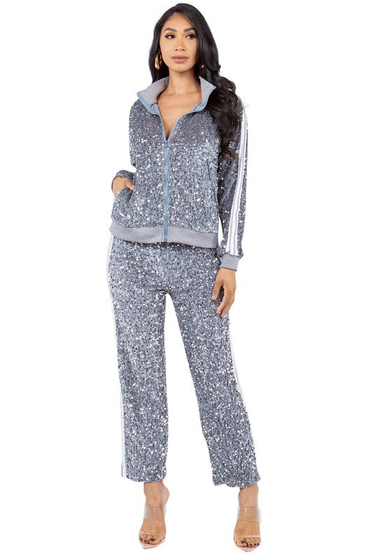 BY CLAUDE SEQUIN TWO PIECE ZIP JACKET AND PANT SET