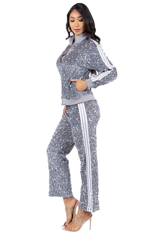 BY CLAUDE SEQUIN TWO PIECE ZIP JACKET AND PANT SET