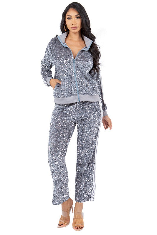 BY CLAUDE SEQUIN TWO PIECE ZIP JACKET AND PANT SET