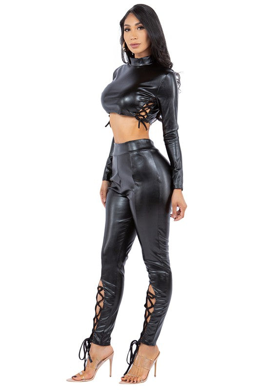 BY CLAUDE PU LEATHER TWO PIECE LONG SLEEVE CROP TOP AND PANTS SET