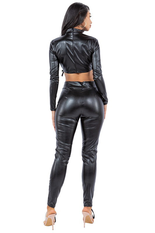 BY CLAUDE PU LEATHER TWO PIECE LONG SLEEVE CROP TOP AND PANTS SET