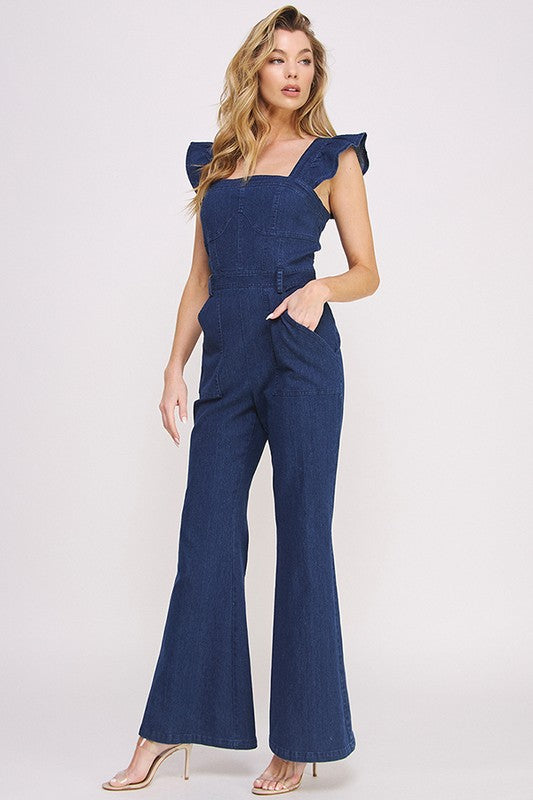 Jade by Jane Denim Ruffle Strap Flare Leg Jumpsuit