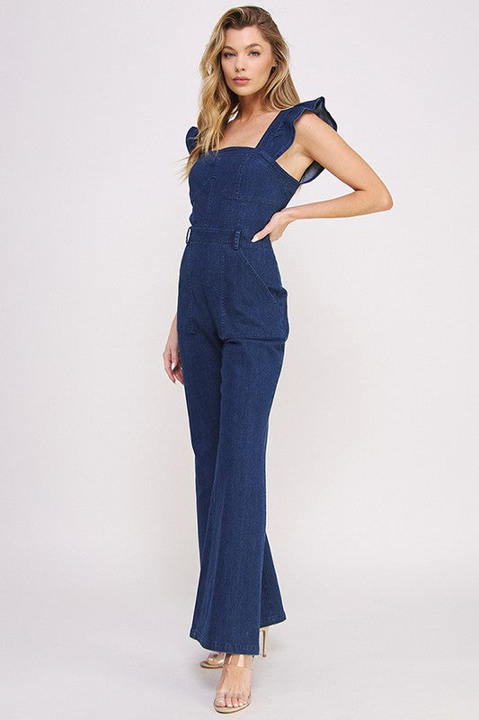 Jade by Jane Denim Ruffle Strap Flare Leg Jumpsuit