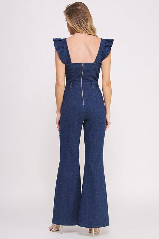 Jade by Jane Denim Ruffle Strap Flare Leg Jumpsuit