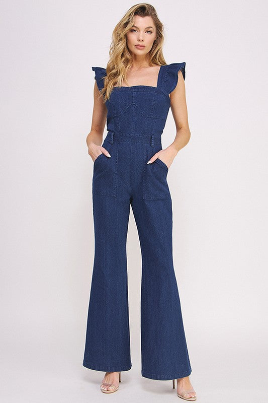 Jade by Jane Denim Ruffle Strap Flare Leg Jumpsuit