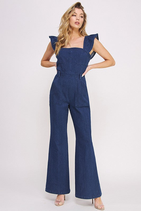 Jade by Jane Denim Ruffle Strap Flare Leg Jumpsuit