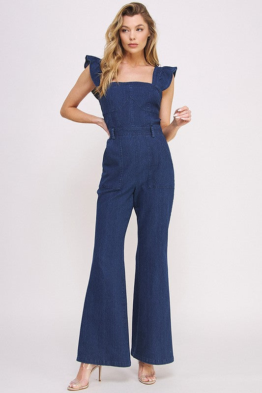 Jade by Jane Denim Ruffle Strap Flare Leg Jumpsuit