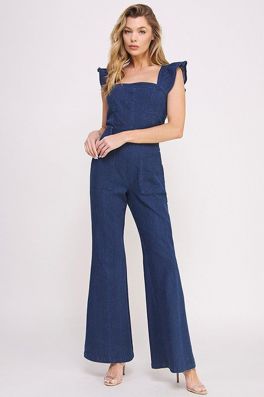 Jade by Jane Denim Ruffle Strap Flare Leg Jumpsuit