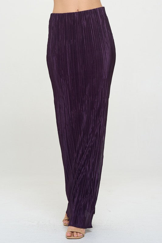 Renee C Plisse Maxi Skirt with Slit in Plum