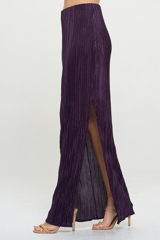 Renee C Plisse Maxi Skirt with Slit in Plum