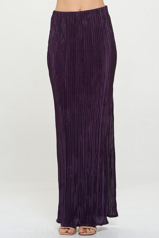 Renee C Plisse Maxi Skirt with Slit in Plum