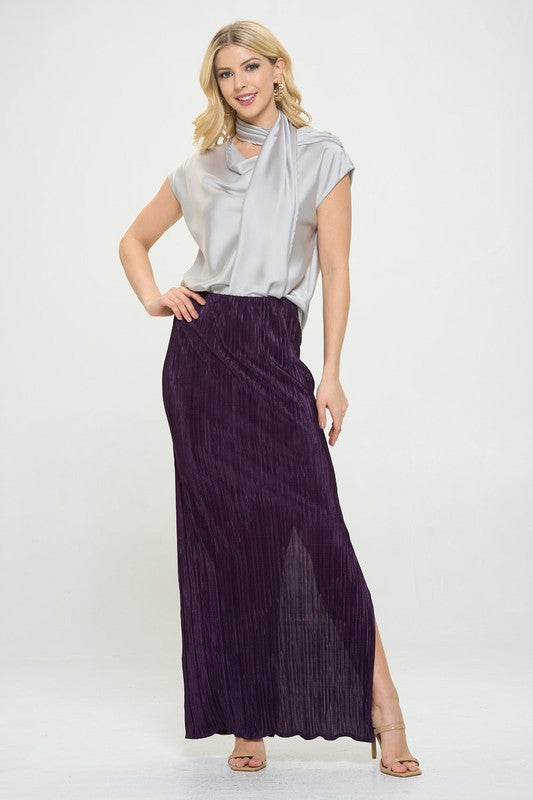 Renee C Plisse Maxi Skirt with Slit in Plum