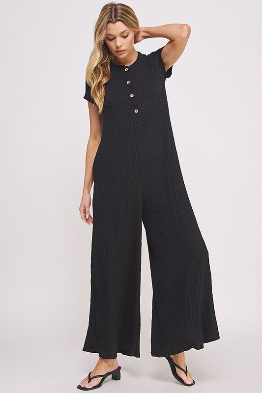 Jade by Jane Plus Wrinkle Cotton Gauze Wide Leg Jumpsuit in Black or Fuchsia