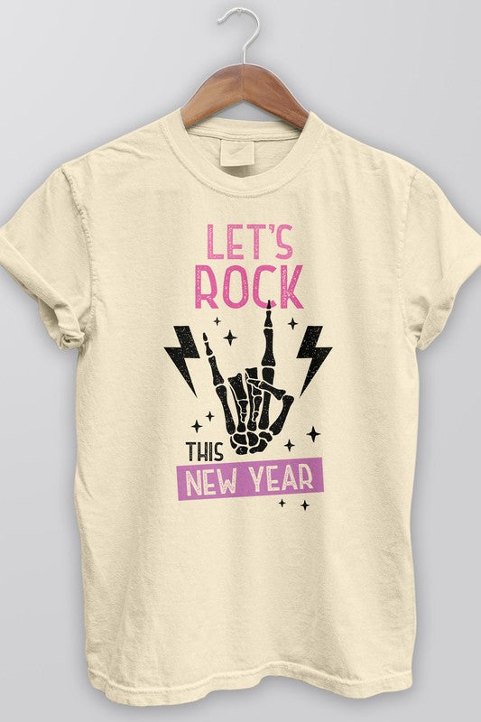 Rebel Stitch Unisex New Year Let's Rock Garment Dyed Graphic Tee in 3 Colors