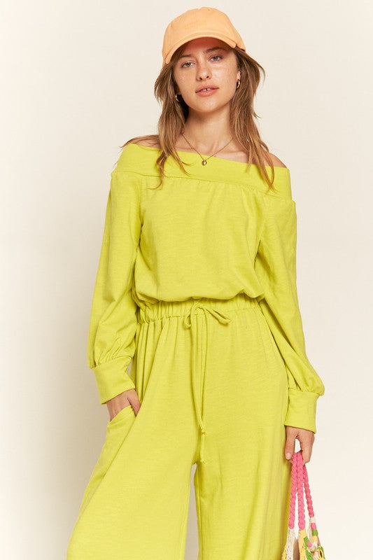 Jade by Jane One Shoulder Cotton Terry Knit Wide Leg Jumpsuit in Lime or Gray