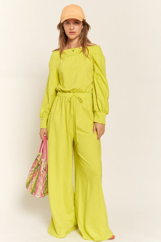 Jade by Jane One Shoulder Cotton Terry Knit Wide Leg Jumpsuit in Lime or Gray