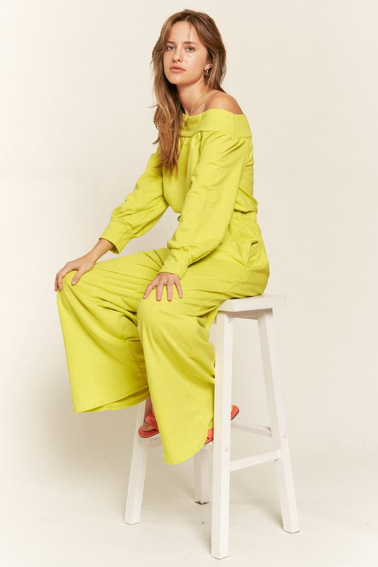 Jade by Jane One Shoulder Cotton Terry Knit Wide Leg Jumpsuit in Lime or Gray