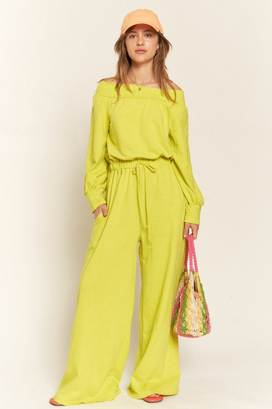 Jade by Jane One Shoulder Cotton Terry Knit Wide Leg Jumpsuit in Lime or Gray