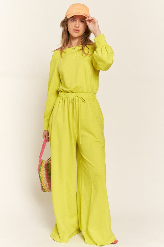 Jade by Jane One Shoulder Cotton Terry Knit Wide Leg Jumpsuit in Lime or Gray