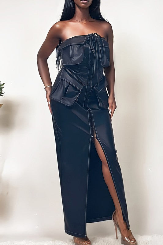 Athina Strapless PU Leather Maxi Dress