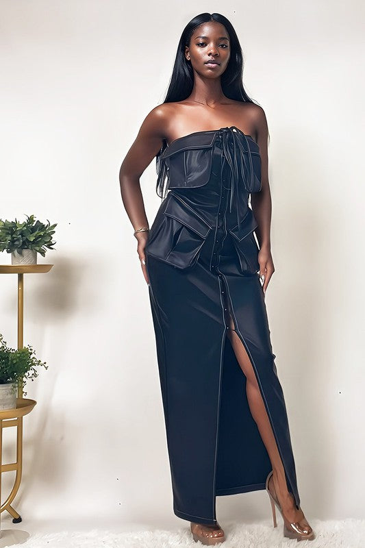 Athina Strapless PU Leather Maxi Dress