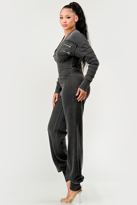 Athina Couture Comfort Long Sleeve Denim V-Neck Jumpsuit in Black