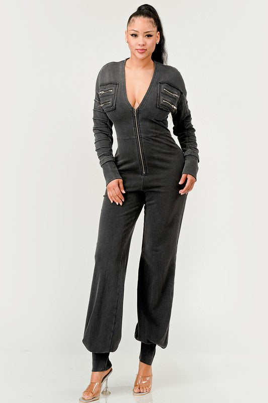 Athina Couture Comfort Long Sleeve Denim V-Neck Jumpsuit in Black