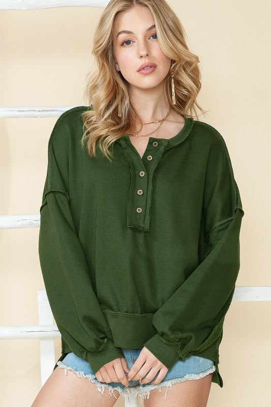 EG Fashion Cotton Split Hem Tunic Henley Sweatshirt in 4 Colors