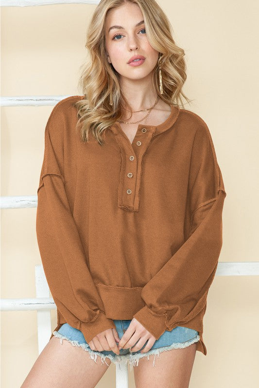 EG Fashion Cotton Split Hem Tunic Henley Sweatshirt in 4 Colors