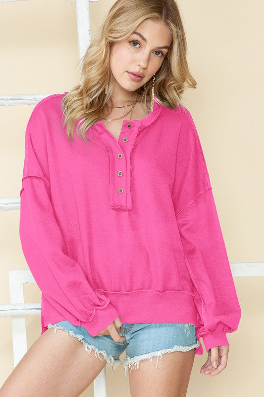 EG Fashion Cotton Split Hem Tunic Henley Sweatshirt in 4 Colors